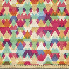 ABAKUHAUS Abstract Fabric Sold by the Metre, Colourful Triangles Geometric, Densely Woven Fabric for Sewing, Upholstery Home Accessories, 3M (148 x 300 cm), Dark Sky Blue Yellow Aubergine