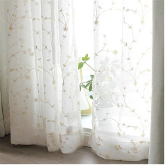Freyamy Boho Flower Curtains with Ruffle Tape, Farmhouse, Country House Style, White Voile Curtains, Outdoor Romantic Semi-Transparent Curtains, Living Room, Vintage Stores Curtain, 240 x 150 cm (H x