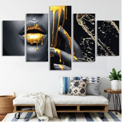 Sexy Lips Canvas Picture, 5-Piece Wall Decoration Pictures, Black Gold Women Lips Canvas Painting, Modern HD Print Canvas, Oil Painting, Decor Poster, No Frame (Gold Lips, XL)