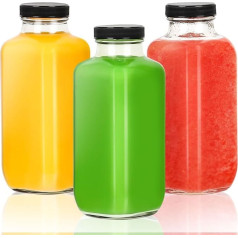 LEVGSAK Glass Juice Bottles with Lids Reusable Glass Water Bottles Clear Water Bottles Drinking Glasses for Juicing Smoothies Water Milk Kombucha Spa Pack of 3