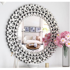 SHYFOY 86 cm Round Mirror, Silver Round Mirror, Large Wall Mirror with Crystal Decorations for Bathroom, Washbasin, Living Room, Bedroom, Entrance Wall Decoration