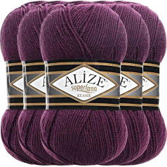 Hobby YARN Alize Superlana Klasik 5 x 100 g Turkish Premium Wool, Cotton and Acrylic, Plain Hand-Knitting Yarn, Knitting Yarn (Plum, 111)
