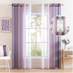 MIULEE Set of 2 Voile Curtains, Two-Tone Curtains with Eyelets, Transparent Curtains, Window Curtains, Translucent, for Bedroom, 140 x 215 cm, White Purple