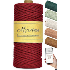 Macrime Premium Macrame Yarn Wine Red 3 mm x 100 m + Instructions (English language not guaranteed) - 100% Natural Cotton, 4-ply Twisted Cotton Yarn - DIY Cotton Cord for Crafts
