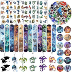 98 Pieces Dragon Birthday Party Gifts, Dragon Theme, Slap Bracelets, Stickers, Lapel Pins, Acrylic Dragon Keychains, Temporary Tattoos