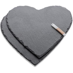 WLWNWFT Slate Heart Plate, Large, 30 cm, Set of 2, Slate Heart Plate with Chalk Pen, Serving Plate Made of Slate Black, Slate Hearts for Serving and Labelling