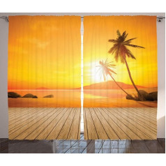 ABAKUHAUS Tropical Rustic Curtain Wooden Deck Sunset Bedroom Ruffle Tape Curtain with Tabs and Hooks, 280 x 225 cm, Orange Brown