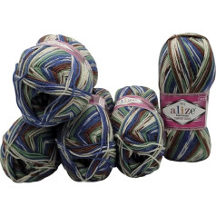 5 x 100 g sock wool, multicoloured, 75% virgin wool, 500 g wool for knitted socks and stockings (brown, blue, green, white 7653)