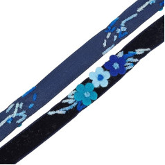 GOMAKERER 1 Yard Floral bestickte Bänder, dunkelblaues Polyester-Samtband, einseitiges Band, gewebte Spitzenbesatz für DIY-Kleidung, Vorhang-Verzierung, Dekoration