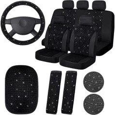 Hapihom 15 Pieces Glitter Car Seat Covers Set for Women Crystal Steering Wheel Cover Glitter Velvet Breathable Seat Cover Set Sparkle Center Console Pad Universal Car Interior