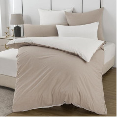 Soifox Bed Linen 135 x 200 cm Cotton 4-Piece - Beige/White 100% Washed Cotton Bed Linen Set of 2 Breathable No Sweating - 2 Duvet Covers + 2 Pillowcases 80 x 80 cm with Zip