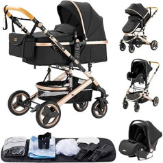 YAZOCO Pram 3-in-1 Buggy Baby Bed Complete Set One Click Foldable Pram Combination Pushchair Aluminium Frame for Newborns (Black)