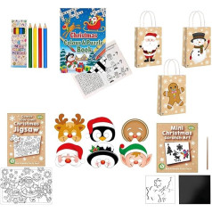 Anilas Complete Christmas Themed 12 Party Bags, Fillers & Party Favours - Mini Colouring Pencils, Colouring Puzzles, Party Bag, Puzzle, Jigsaw, Scratch Art & Masks (Ideal for Children Aged 3-8)