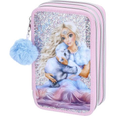 Depesche 11755 TOPModel Ice World Filled 3-Compartment Pencil Case with Faux Fur Pompom, Pencil Case with Coloured Pencils, Ruler, Scissors and much more, black, Retro