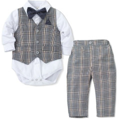 Fldy Children's Baby Boys Suit Festive Long Sleeve Shirt Body Plaid Vest Trousers and Bow Tie Baby Gentleman Set for Wedding Christening Festival