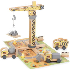 Mamabrum, Wooden Construction Site with Large Mobile Crane and Vehicles, Mobile Crane, Road Cones, Platform with Building Materials Children's Crane Toy Crane for Wooden Train