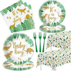 HIPVVILD Dinosaur Baby Shower Decorations for Boys, Dinosaur Baby Boy Decorations Tableware, Dino Jungle Safari Baby Shower Decorations Party Supplies Including Plate, Fork, Serve 24