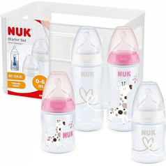 NUK First Choice+ Baby Bottle Starter Set, 0-6 Months, 4 Bottles with Temperature Control & Bottle Box, Anti-Colic Air System, BPA-Free, 5 Pieces, Pink Giraffe