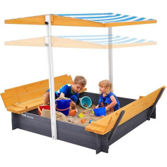 VEVOR Wooden Sandpit with Canopy, Sand Pit, Sand Pit with Folding Benches and Floor Insert, Natural Wood Sandpit for Kids for Garden, Gift for Children Aged 3-12 Years