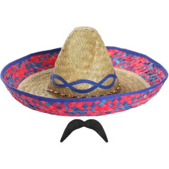 Mexican Sombrero Straw Hat + Moustche Perfect for Any Mexican Sombreros Costume Party for Men and Women