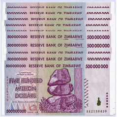 Zimbabwe 500 Million Dollars x 10 Notes 2008 UNC, World Inflation Record, Currency Banknotes