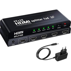 Ozvavzk 4K HDMI Splitter 1 in 4 Out Simultaneously HDMI Splitter 4 Monitors Mirror HDMI Splitter 1 in 4 Out Supports 4K UHD HDCP1.4 3D 1080P Full HD Compatible with X-Box HDTV Projectors