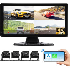 Hodozzy 4K Reversing Camera Set with 4 AHD Reversing Camera Cable, Wireless CarPlay Android Car, 10.36 Inch Touchscreen 4 Split Monitor, Bluetooth, Airplay FM Loop Recording USB/TF, CarPlay Screen