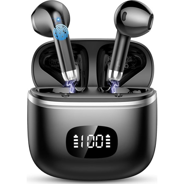 Bluetooth Headphones, Wireless Bluetooth 5.3 Headphones with 4 ENC Noise Cancelling Mic, In-Ear HiFi Stereo, 40 Hours Playtime, LED Display, USB-C, Earphones Bluetooth for Work, Game, Sports