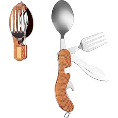Camping Utensils, 4 in 1 Stainless Steel Spoon, Fork, Knife and Bottle Opener, Collapsible Cutlery Set for Backpacking, Hiking, Survival, Camping, Travel(Orange, 1 Piece)