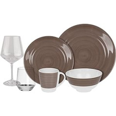 HEKERS 100% Melamine Crockery Spring Ivory White/Mocha Round - Set of 12 Pieces for 2 People - Wine Glass and Water Glass - Outdoor Picnic Camping Dishwasher Safe