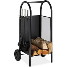 Relaxdays Firewood Trolley with Cutlery, Firewood Trolley, Steel, Fireplace Tools, 3 Pieces, Shovel, Broom & Poker, Black, 81 x 42 x 37 cm