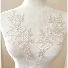 PEPPERLONELY 1 Pair Bridal Lace Flower Patches Embroidered Lace Applique Wedding Dress Headpiece Embellishment DIY Patches Clothing Accessories 22x10cm Ivory with Silver