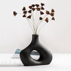 Cutfouwe Vase Black Matt, Decorative Vase Modern, Ceramic Vase for Pampas Grass, Dried Flowers Vase, Handmade Vases, Creative Abstract Doughnut Vase, Hollow Design, for Table Decoration, Home Office