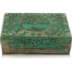 Great Birthday Gifts Handmade Decorative Wooden Jewellery Box Tree of Life Carving Jewellery Organiser Keepsake Box Treasure Chest Jewellery Holder Storage Lock Box Housewarming (Green)