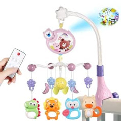 Aolso Baby Bed Toy, Mobile for Baby Cot, Baby Sleep Aid Music Toy with Cute Animals, Baby Bed Mobile with Music and Lights, Projector and Remote Control (Pink)