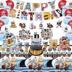 149 Pieces Pirate Decoration Children's Birthday Tableware Set, Pirate Decorative Plates, Pirate Tablecloth, Balloons, Napkins, Stickers, Hanging Swirls, Cake Decoration, Pirate Children's Birthday