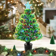 Artificial Mini Christmas Tree Fiber Optic Illuminated Small Desktop Christmas Tree with Tree Topper, RGB Lighting for Table Holiday Decoration, 55cm