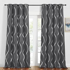 PONY DANCE Blackout Curtains, Grey, Heat-Insulating Curtains with Eyelets, Set of 2, H 245 x W 140 cm, Living Room Curtains with Silver Foil Print, Thermal Curtain