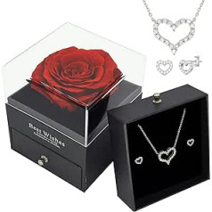 LIHELEI Preserved Rose Gift Box with Heart Necklace Earrings, Real Rose Flower Gifts for Her Women Girlfriend Wives Mum on Valentine's Day Mother's Day Birthday