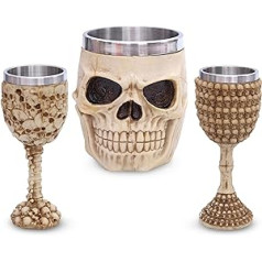 Viking Jug Set with Two Goblets for Mead & Beer - Drinking Cup Skull Decoration for Medieval Fans - Detailed Skull Cups in Food Grade Stainless Steel and Polyresin (Set of 3)