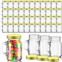 Tessco Mini Mason Jar Cups with Handles and Lids, Small Drinking Jar and DIY Favor, Wedding, Bridal Shower, Party Supplies for Drinks, Gifts, Candles and Crafts (Gold Lid,