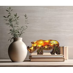 Decorative LED Wooden Night Light 3D in Animal Shape Rhino Decorative Bedside Table Desk Children's Bedroom Original Gift Idea for Home Birthday Christmas (Rinoceron)