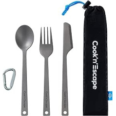 COOK'N'ESCAPE Titanium Cutlery Set 3 Pieces Ultralight Knife Fork Spoon Camping Utensils with Carabiner Hook for Picnic Travel Home Outdoor with Black Mesh Bag