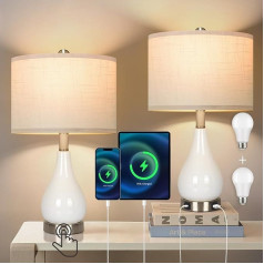 OUTON Table Lamps, Set of 2, Bedside Lamp, Touch Dimmable, Table Lamp with USB A+ Type C Connections, 2 Dimmable LED Bulbs, Modern Ceramic Table Lamp with Linen Shade for Bedroom, Living Room, Office