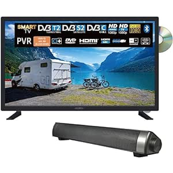 Reflexion_TV LDDW27iSB+ DVD Player, Smart TV, 27 Inch, for Motorhomes and Caravans, 12 V Car Adapter, with Soundbar, Full HD Resolution, HDMI, WLAN, Bluetooth, Shockproof, Black