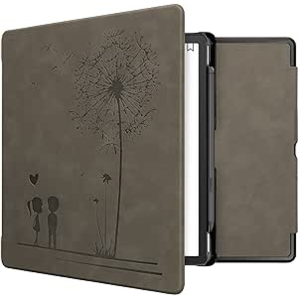 kwmobile Protective Case Compatible with Amazon Kindle Scribe - Faux Leather eReader - Dandelion Love Grey