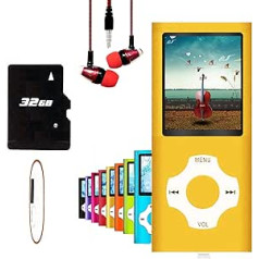 Hotechs Slim Design MP3 Player MP3 Player with 32GB Memory Card Digital LCD Display 1.8 Inch Display FM Radio (Yellow)