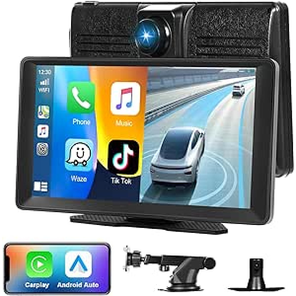 Podofo Wireless Apple CarPlay Car Radio Con 4K Dash Cam Android Car Radio Screen, 9 Inch Touchscreen with Loop Recording/Bluetooth/Mirror Link/FM Transmitter/AUX/ADAS/GPS 9V-36V Plug & Play