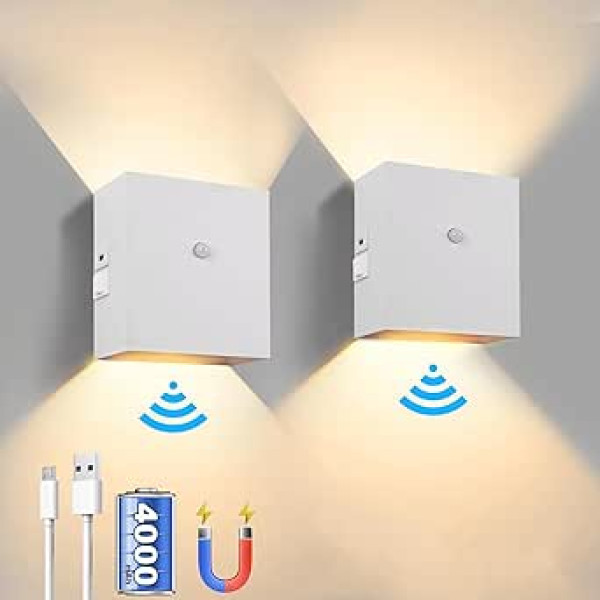Rechargeable Wall Light with Motion Sensor, Indoor LED Wall Lamp, Battery Operated with Switch, 6 W, 4000 mAh Battery Wall Lighting, Magnetic Aluminium Wall Lamp, Hallway Lamp for Bedroom, Living Room