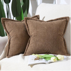 Madizz Set of 2 Brown Corduroy Throw Cushion Covers 50 x 50 cm with Fringe Edge Super Soft Boho Striped Cushion Covers Wide Side Decorative Textured Throw Cushion Cover for Sofa Bedroom Cushion Cover